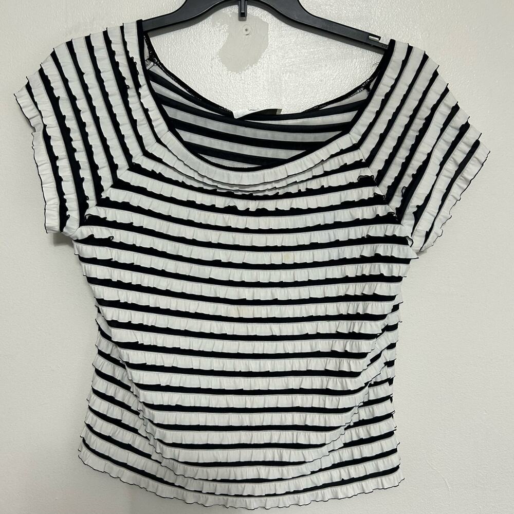 Zoe Black White Ruffle Stripe Blouse Short Sleeve Size Large